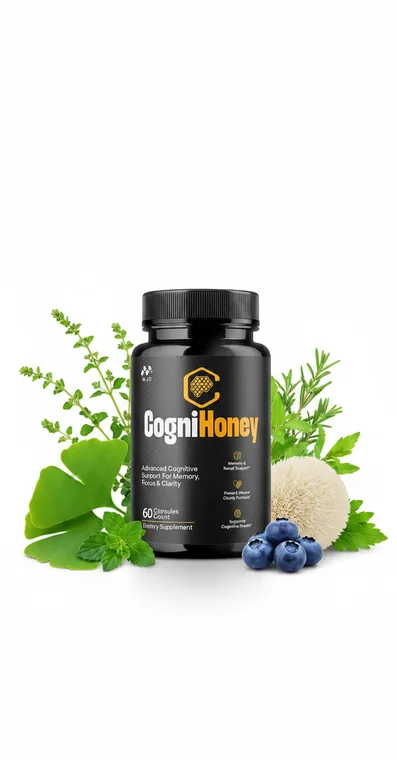 Cognihoney memory and focus capsule bottle beside ginkgo leaves, herbs and blueberries