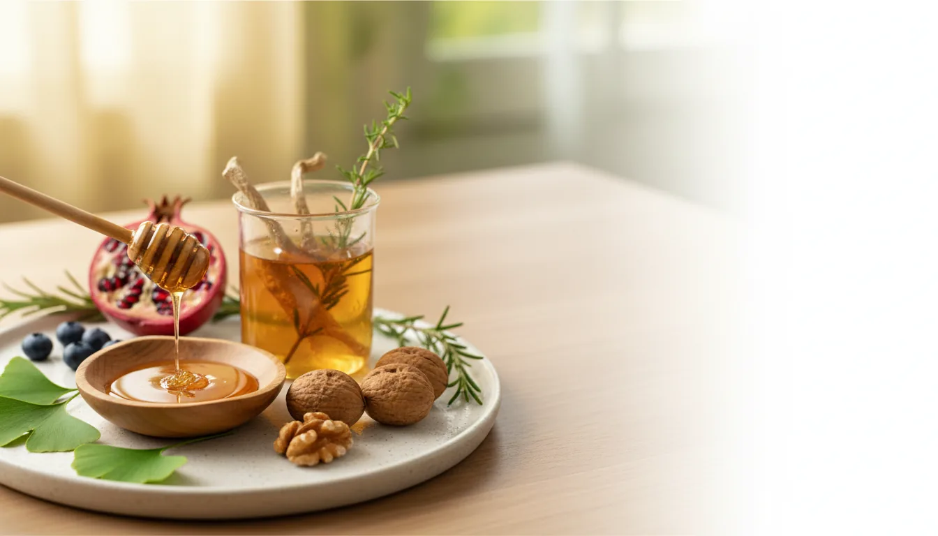 Honey, ginkgo leaves, walnuts and herbs beside a cup of tea, the ingredient families behind Cognihoney