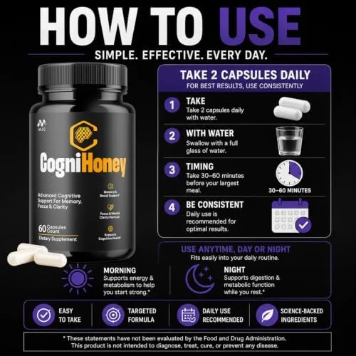 How to use Cognihoney: take 2 capsules daily with water, 30 to 60 minutes before your largest meal, used consistently