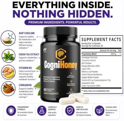 Cognihoney Supplement Facts panel: 600 mg proprietary blend of eleven ingredients, serving size 2 capsules, 30 servings per container