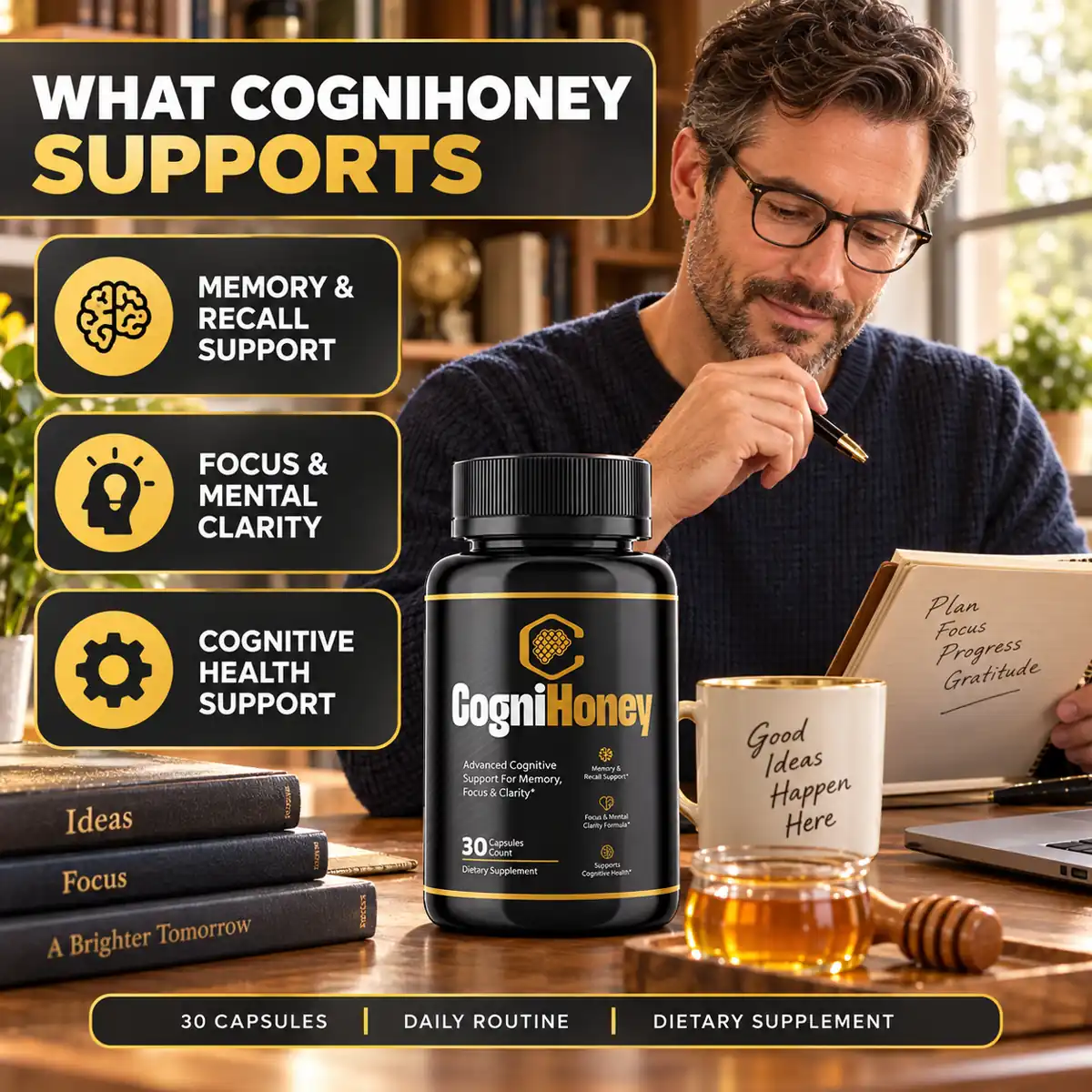 CogniHoney artwork with a honey jar on the desk beside the bottle
