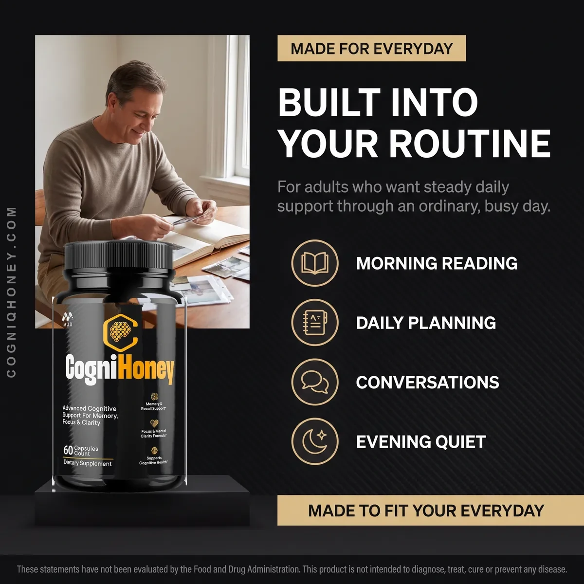 Who Cognihoney is for: adults who want daily support for morning reading, daily planning, conversations and evening quiet