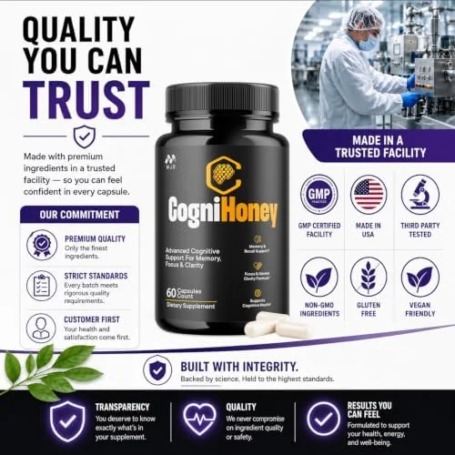 Cognihoney quality standards: GMP certified facility, made in USA, third-party tested, non-GMO, gluten free, vegan friendly
