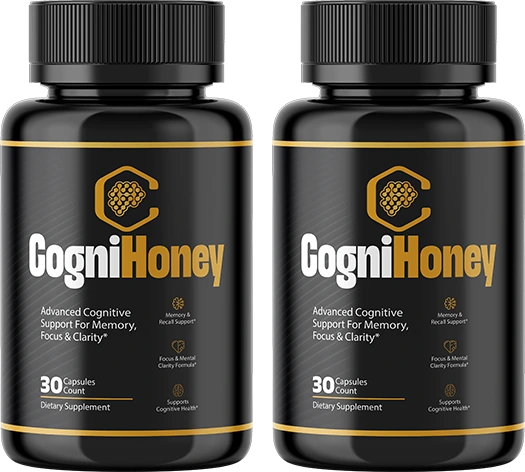 CogniHoney 2 bottles, black bottles with gold bands, each reading 30 Capsules Count
