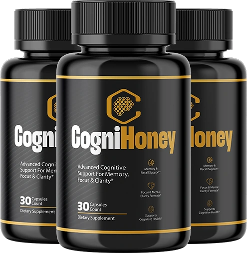 Three CogniHoney bottles, each label reading 30 Capsules Count