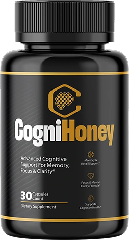 A single CogniHoney bottle, black with gold bands, front label reading Advanced Cognitive Support For Memory, Focus and Clarity, 30 Capsules Count, Dietary Supplement