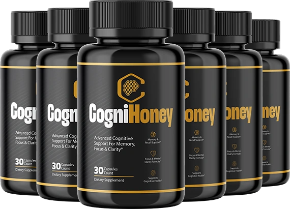 Six CogniHoney bottles, black with gold bands, each label reading 30 Capsules Count